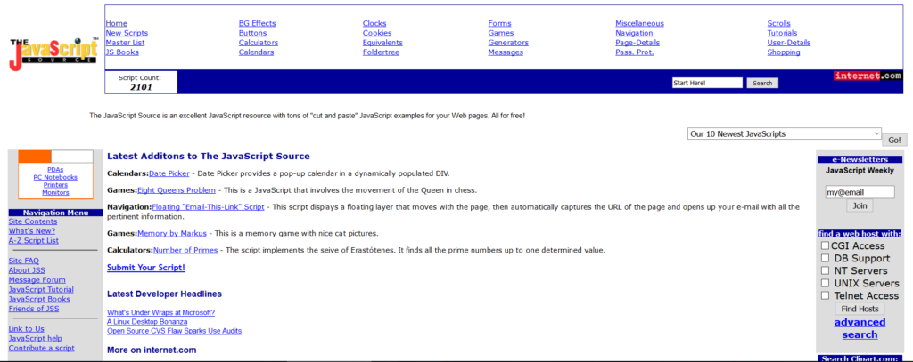 The Javascript Source: a now defunct site packed with code for animated buttons, games, timers, and more.